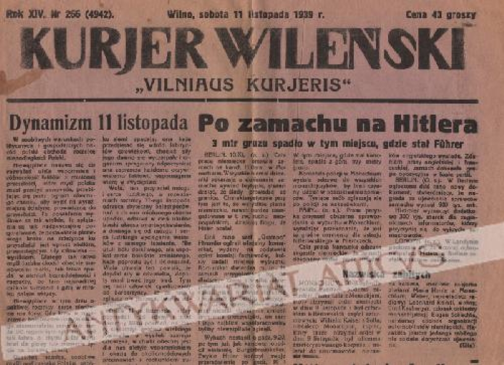 Kurjer Wileński. "Vilniaus Kurjeris". ROK XIV, nr. 266 (4942), 11 listopada 1939 r. ["Po zamachu na Hitlera"]