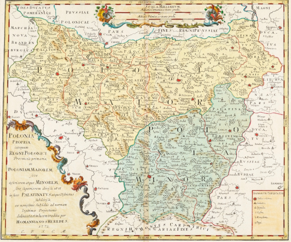 [mapa, Wielkopolska, Mazowsze, Małopolska, 1772] Polonia propria tanquam Regni Polonici provincia primaria : in Poloniam maiorem, sive inferiorem atque minorem, sive superiorem divisa, ....
