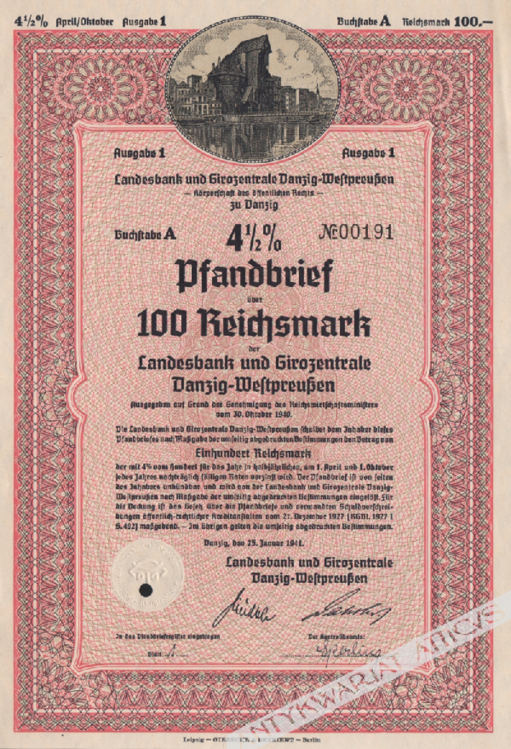 [list zastawny] 4 1/2 % Pfandbrief uber 100 Reichsmark der Landesbank und Girozentrale Danzig-Westpreussen