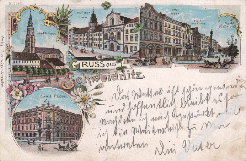 [pocztówka, ok. 1899] Gruss aus Schweidnitz. Kath.. Pfarrkirche. Ursuliener-Kloster. Hotel Zepter. Hotel zur Krone. Markt (Obstmarkt). Kaiserl. Postamt.  [Świdnica]