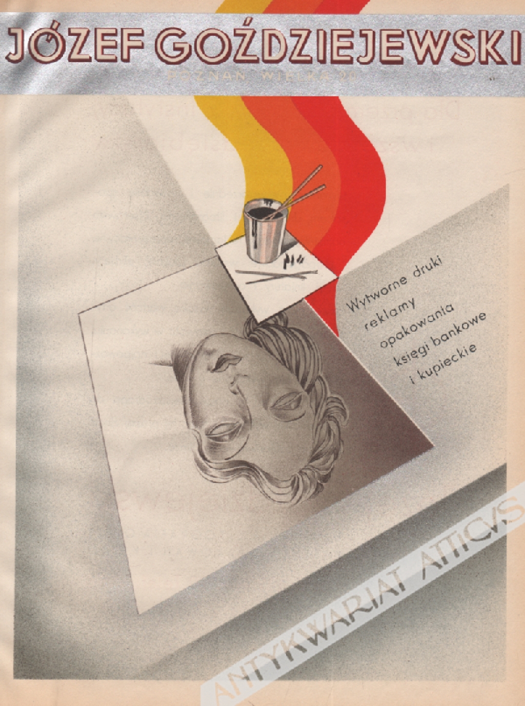 [druk reklamowy, 1935] Józef Goździejewski. Poznań, Wielka 20. Wytworne druki, reklamy, opakowania, księgi bankowe i kupieckie