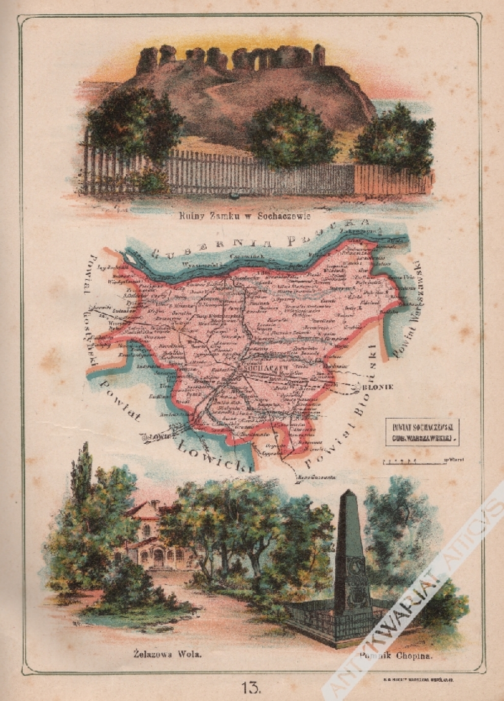 [mapa, 1907] Powiat Sochaczewski Gubernii Warszawskiej. Ruiny Zamku w Sochaczewie. Żelazowa Wola. Pomnik Chopina.