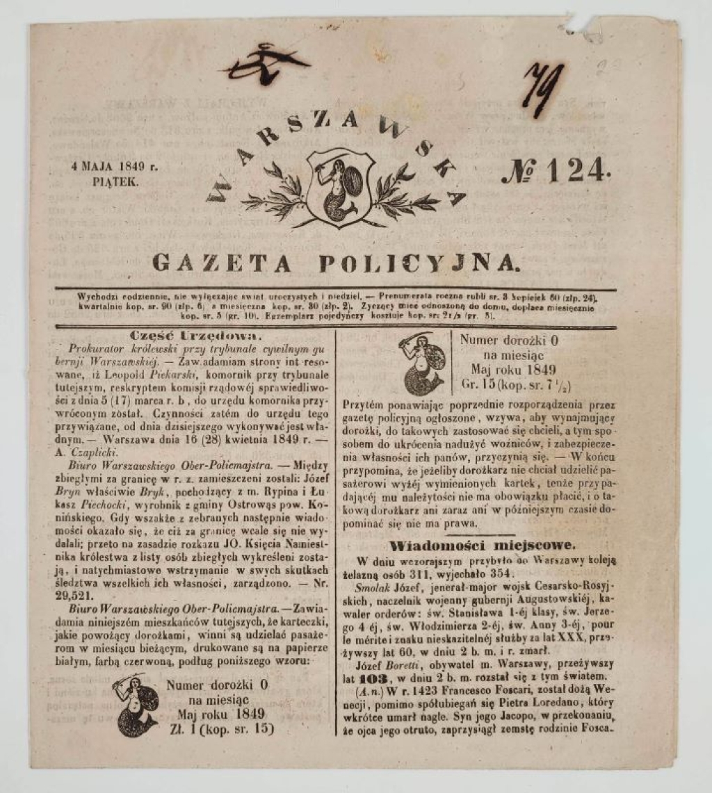 Warszawska Gazeta Policyjna No. 124, 4 Maja 1849 r.  Piątek