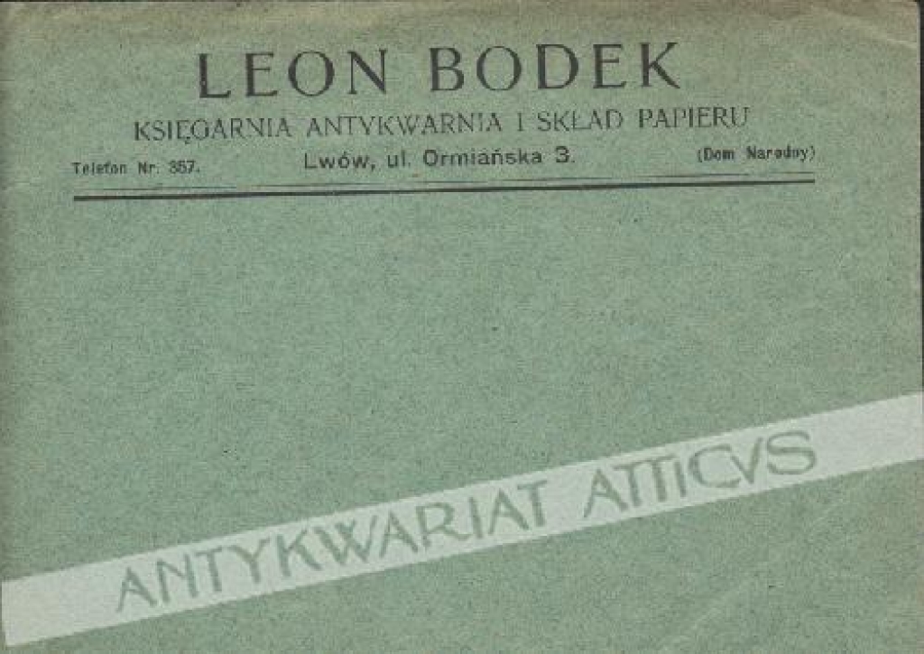 [koperta firmowa z ulotką reklamowa] Leon Bodek Księgarnia Antykwarnia Skład papieru