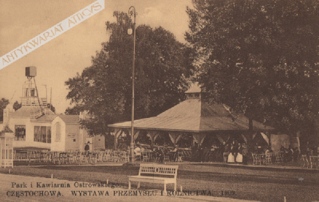 [pocztówka, 1909] Częstochowa. Wystawa Przemysłu i Rolnictwa 1909. Park i Kawiarnia Ostrowskiego.