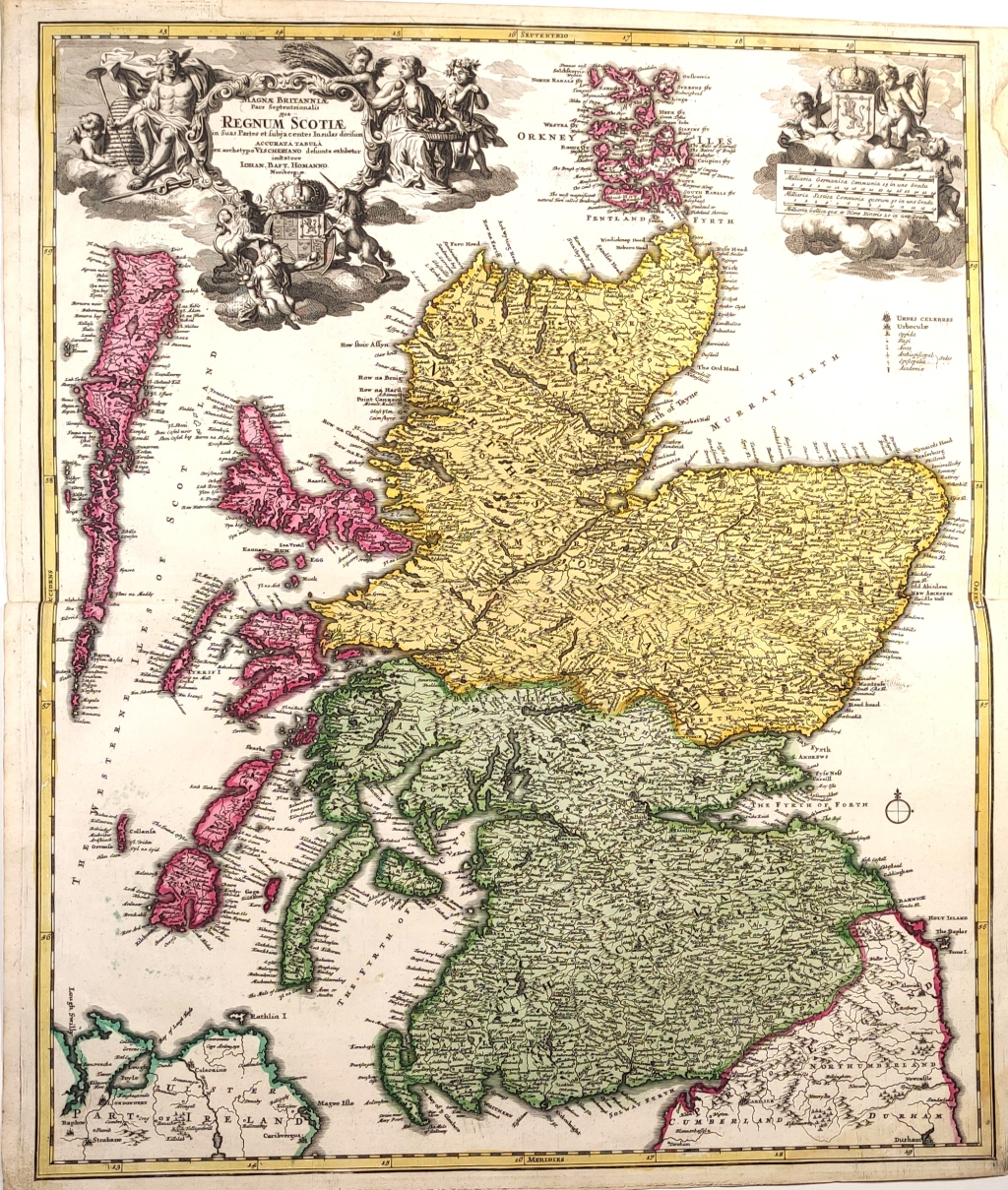 [mapa Królestwa Szkocji, ok. 1710] Magnae Britanniae Pars Septentrionalis qua Regnum Scotiae in Suas Partes et subjacentes Insulas divisum accurata tabula ex archetypo Vischeriano desumta exhibetur imitatore Iohan. Bapt. Homanno. Norimb