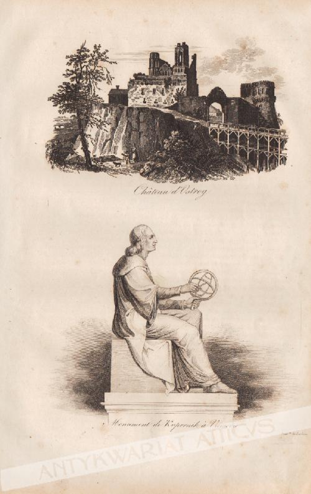 [rycina, ok. 1838] Chateau d'Ostrog. Monument de Kopernik a Varsovie. [Zamek w Ostrogu na Ukrainie, pomnik Kopernika w Warszawie]