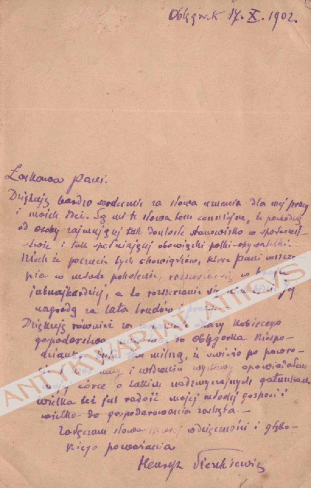[rękopis, 1902] List Henryka Sienkiewicza