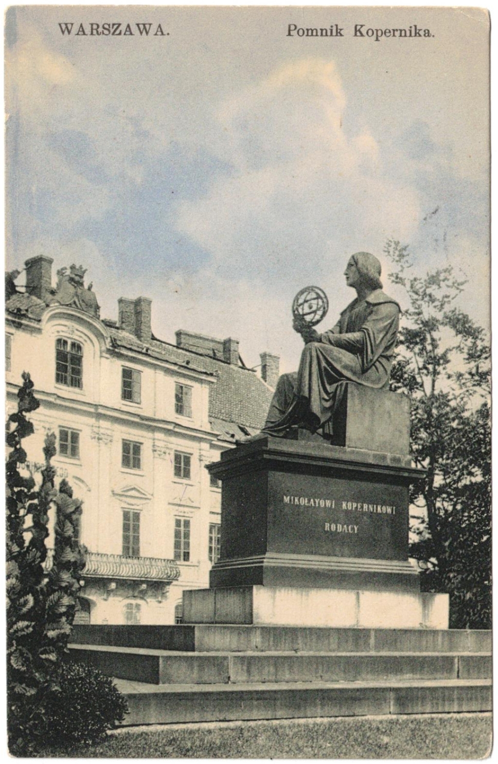 [pocztówka, ok. 1919] Warszawa. Pomnik Kopernika [w tle Pałac Karasia]