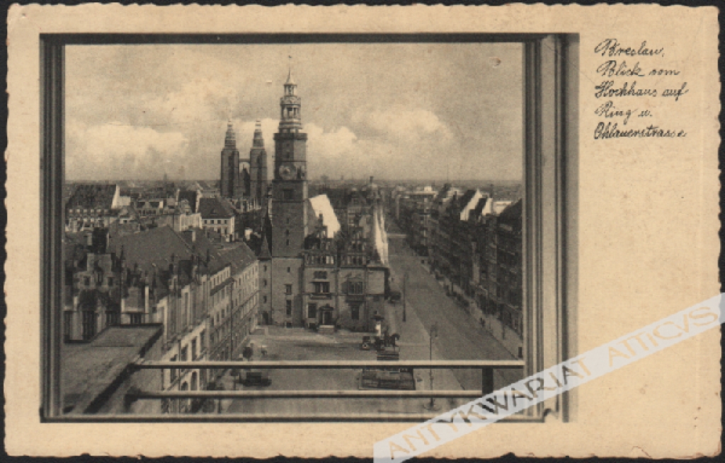[pocztówka, lata 1930-te] [Wrocław. Widok na ulicę Oławską] Breslau. Blick vom Hochhaus auf Ring u. Ohlauerstrasse