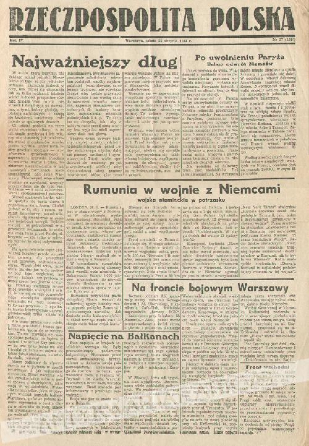 [Gazeta z okresu Powstania Warszawskiego] Rzeczpospolita Polska (Sobota 26 sierpnia 1944)