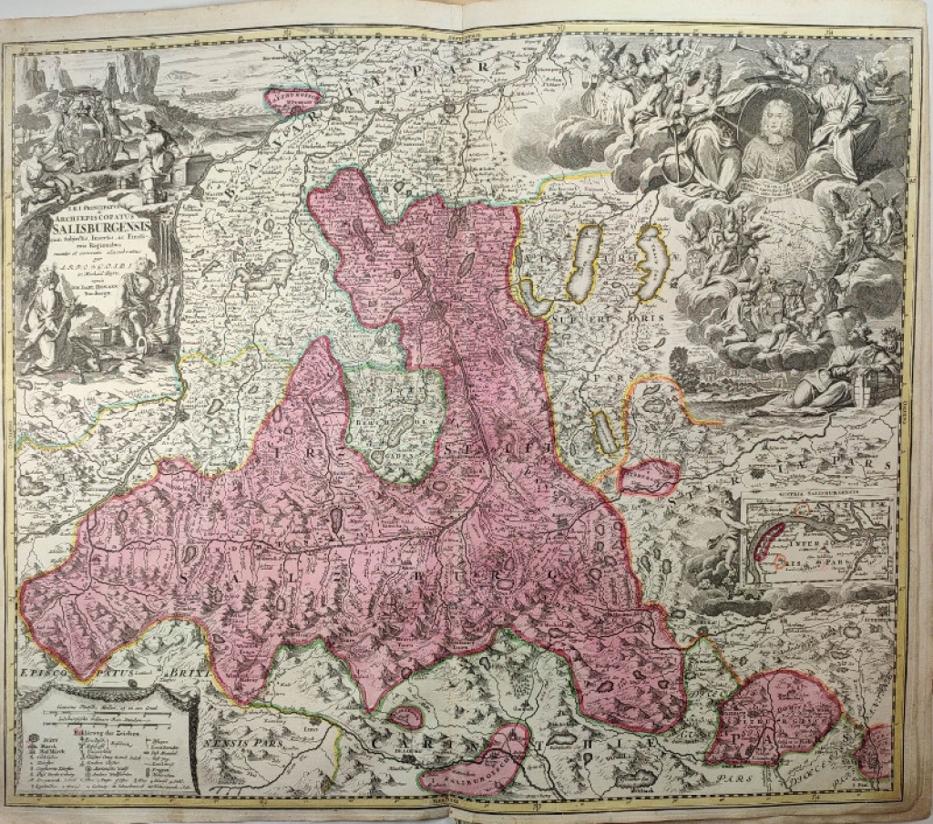 [mapa archidiecezji Salzburgskiej w pn-zach Austri, ok. 1720-1730] S.R.I. Principat. et Archiepiscopatus Salisburgensis cum Subjectis, Insertis, ac Finitimis Regionibus recenter et accurate elucubratus A. R. P. O. de G. O. S. B. S. in Michael-Beyrn, opera