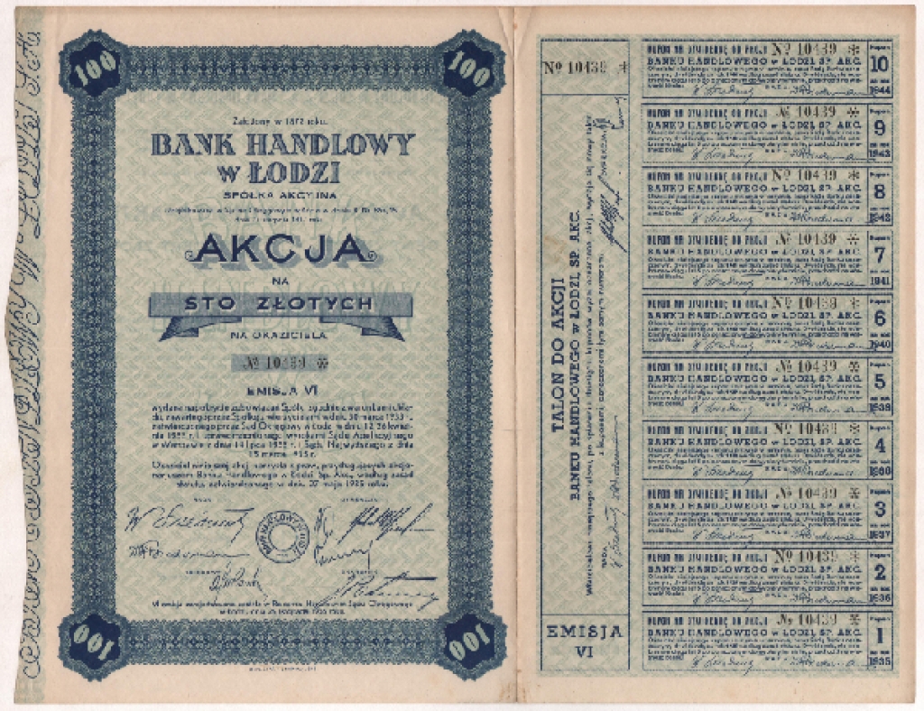[akcja, 1935] Bank Handlowy w Łodzi S.A. Akcja na 100 złotych na okaziciela