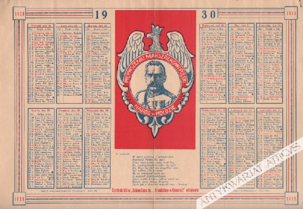 [kalendarz, 1930] Pierwszemu Marszałkowi Polski Naród w Hołdzie