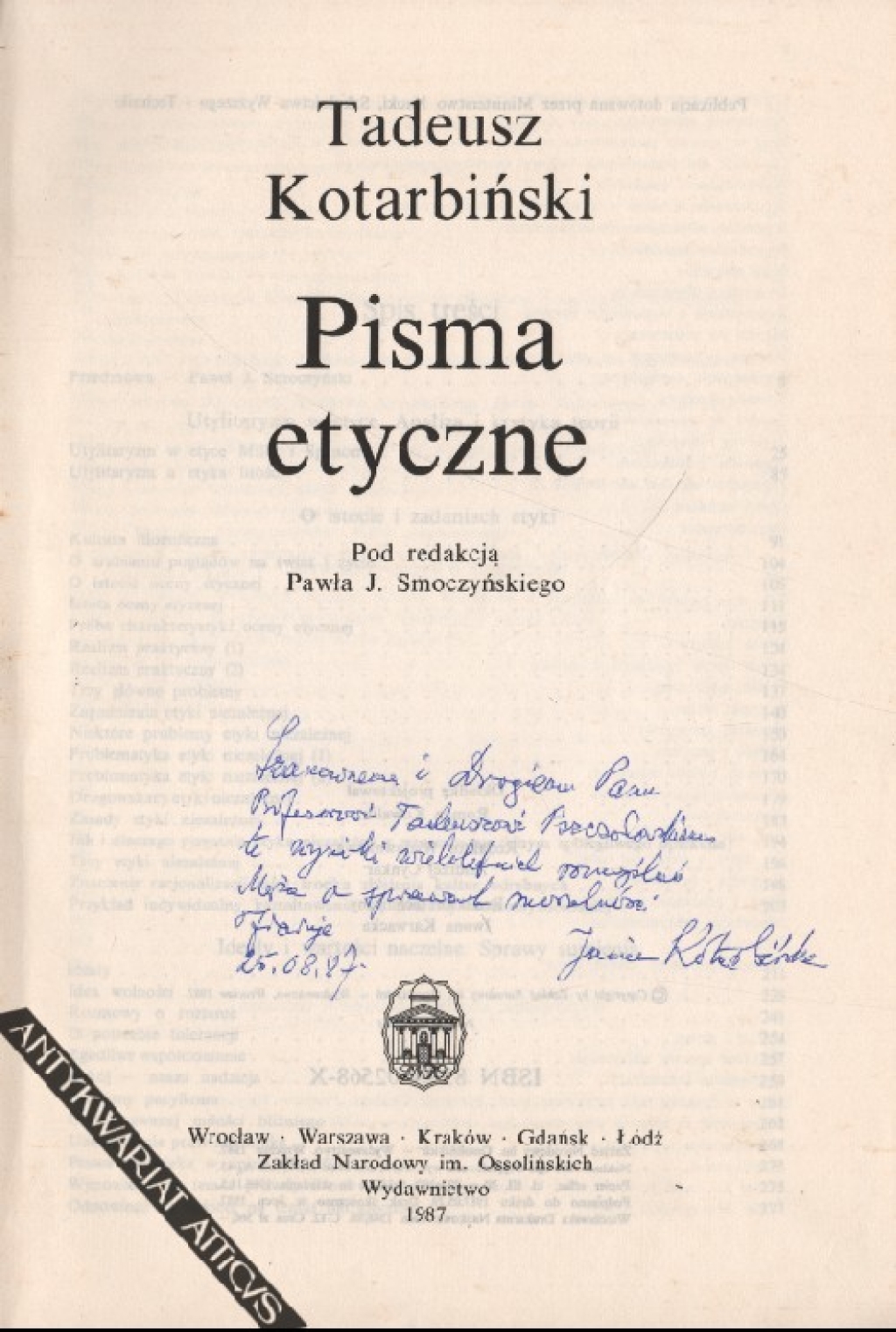 Pisma etyczne [dedykacja od J. Kotarbińskiej]