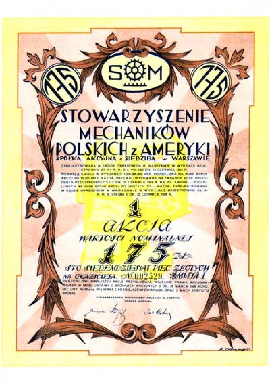 [akcja, 1933] Stowarzyszenie Mechaników Polskich z Ameryki, Spółka Akcyjna z siedzibą w Warszawie. Akcja wartości nominalnej 175 zł.