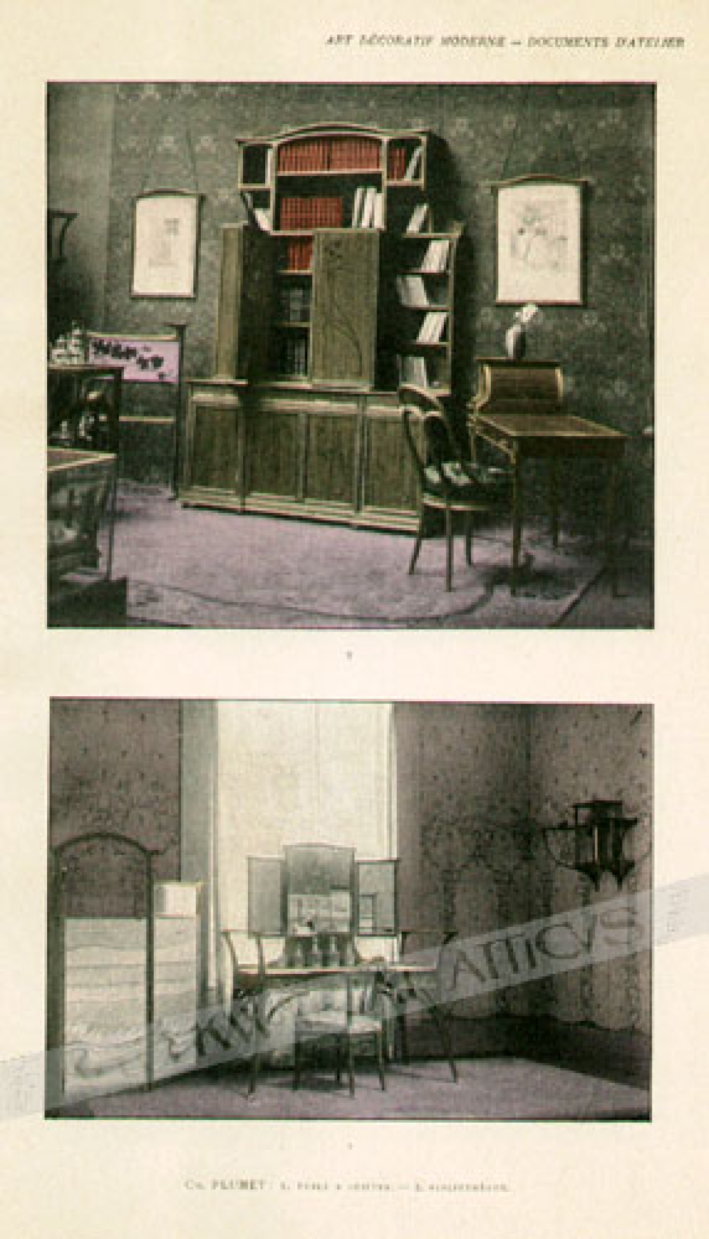 [rycina, ok. 1900] Art Decoratif Moderne - Documents d'Atelier1. Table a Coiffer2. Bibliotheque [wnętrza secesyjne]