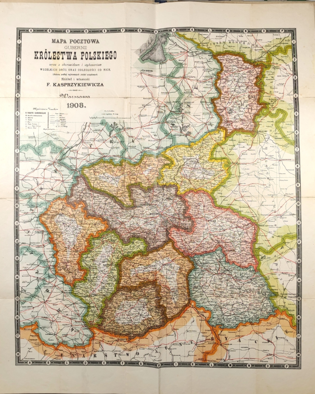 Mapa pocztowa gubernii Królestwa Polskiego wraz z skorowidzem i wykazem wszelkich dróg oraz odległości od nich. Ułożona podług najnowszych źródeł urzędowych (1908)
