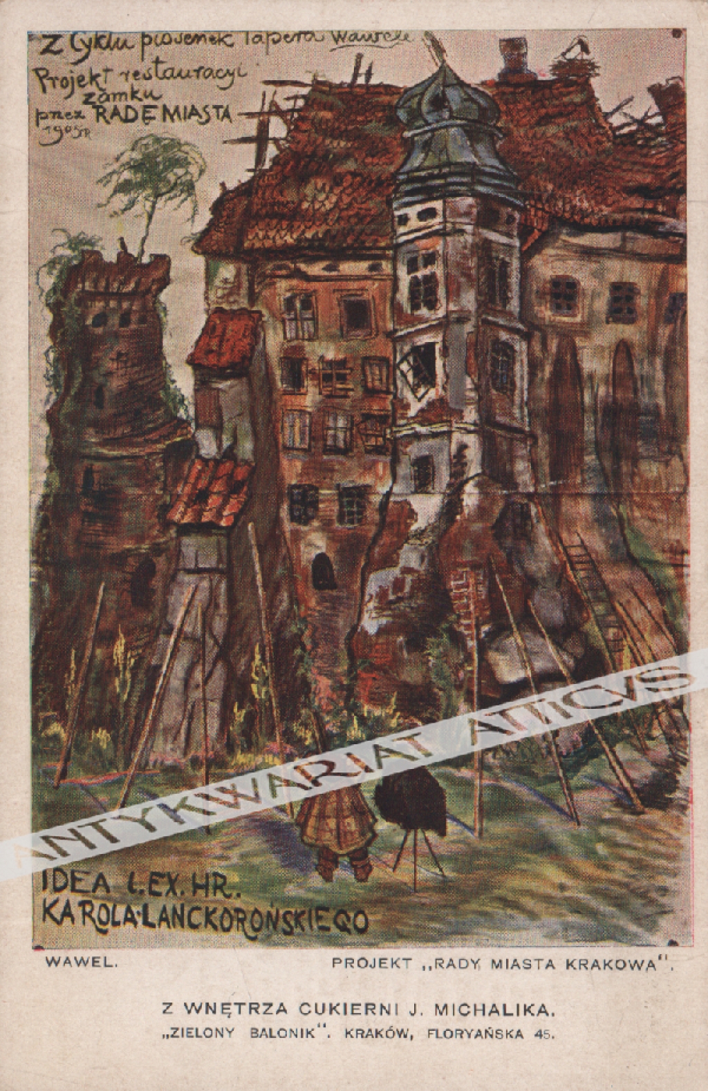 [pocztówka, lata 1930-te] Z wnętrza Cukierni J. Michalika. "Zielony Balonik". Kraków Floryańska 45 Wawel. Projekt "Rady Miasta Krakowa"