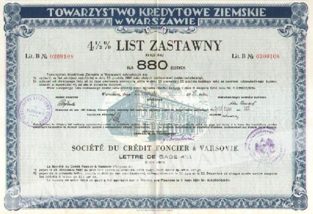 [list zastawny, 1935] Towarzystwo Kredytowe Ziemskie w Warszawie 4 1/2 % List Zastawny serji 5-ej na 880 złotych