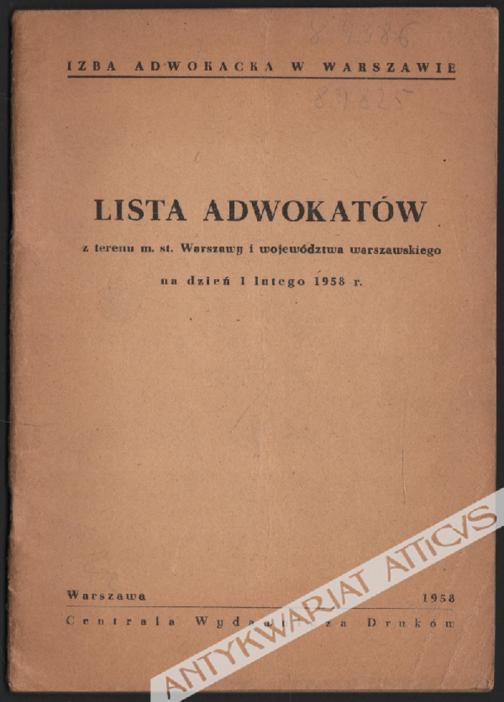 Lista adwokatów z terenu m. st. Warszawy i województwa warszawskiego na dzień 1 lutego 1958 r. 