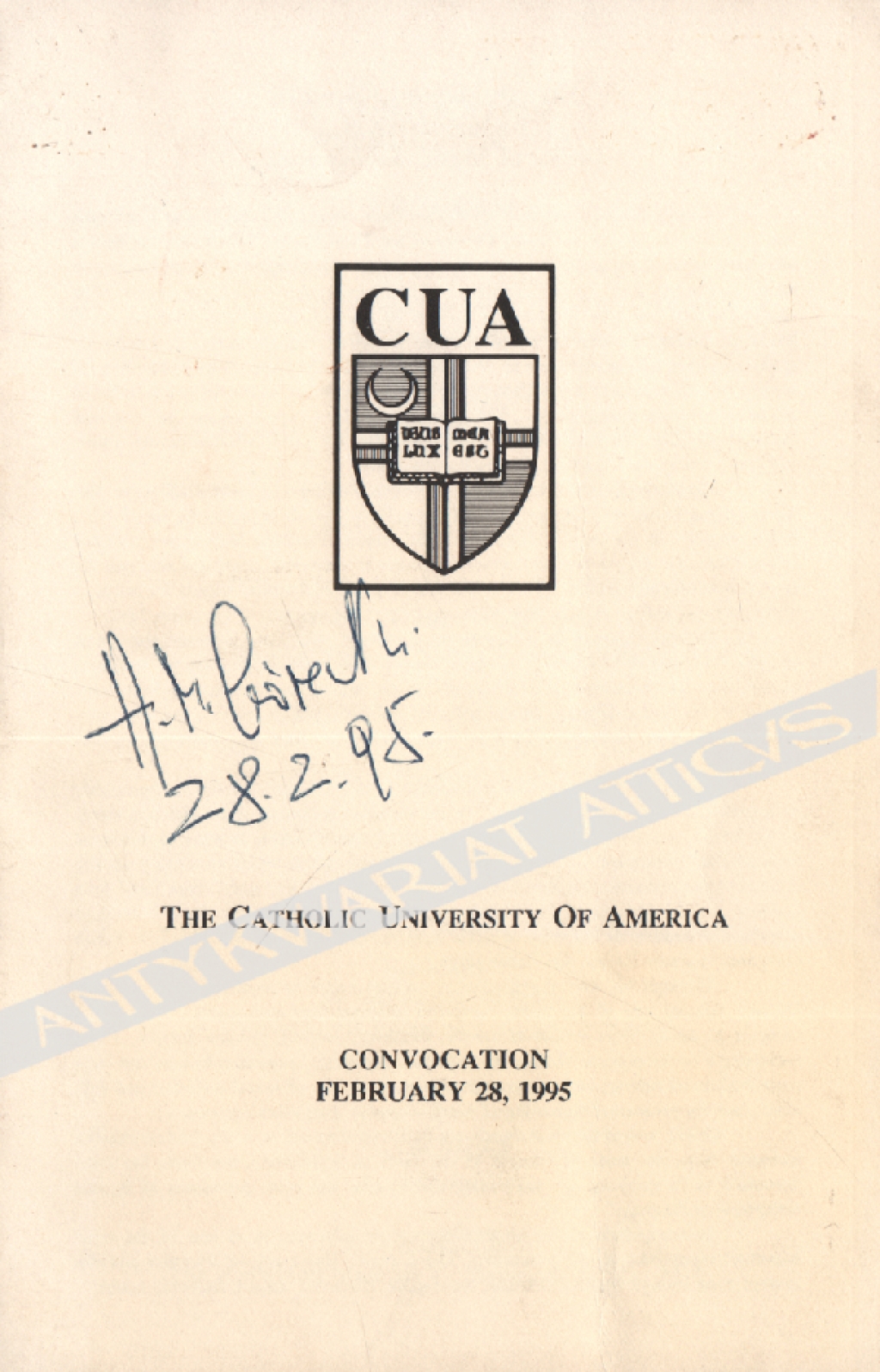 [autograf Henryka Mikołaja Góreckiego] The Catholic University of America. Convocation February 28, 1995. Henryk Mikołaj Górecki for the degree of Doctor of Music, honoris causa