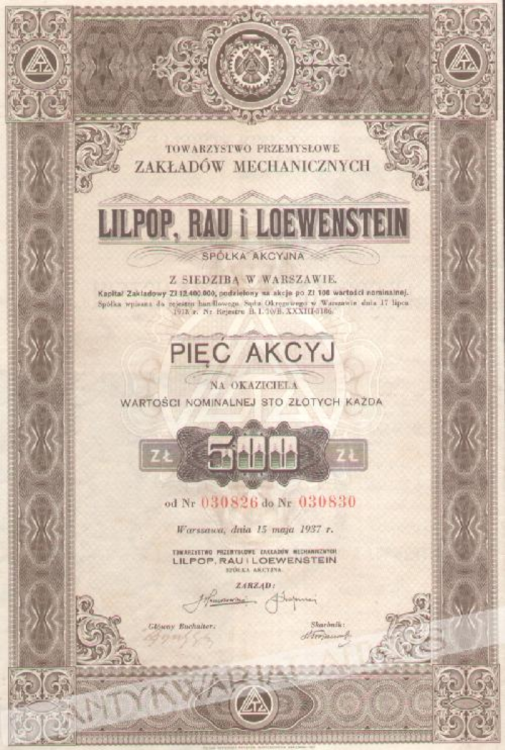 [akcja, 1937] Towarzystwo Przemysłowe Zakładów Mechanicznych Lilpop, Rau i Loewenstein SAPięć akcyj na okaziciela wartości nominalnej sto zł. każda