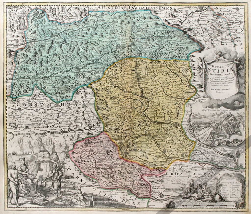 [mapa, Styria, ok. 1720] Ducatus Stiriae novissima Tabula, ex ampliore mappa olim R. D. Georgii Matth. Vischer S. C. M. Leopoldi I Glor. Mem. geographi deducta et in hac utiliore forma curiosorum oculis exhibita a Io. Baptista Homanno Norimbergae.