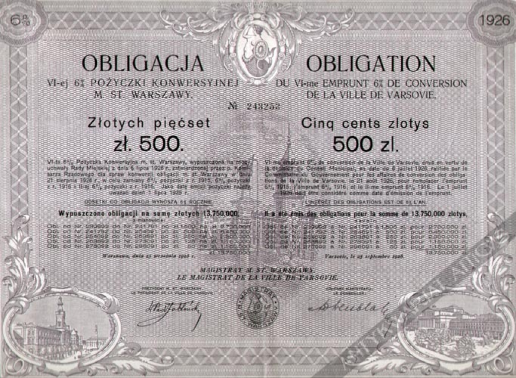[obligacja, 1926] Obligacja VI 6% Pożyczki Konwersyjnej M. St. Warszawy [na] Złotych pięćset 