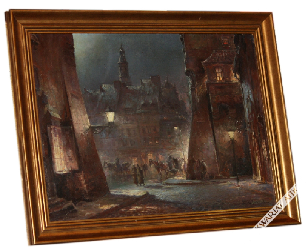 [olej na płótnie, ok. 1930-60?] [Warszawa] Rynek Starego Miasta nocą