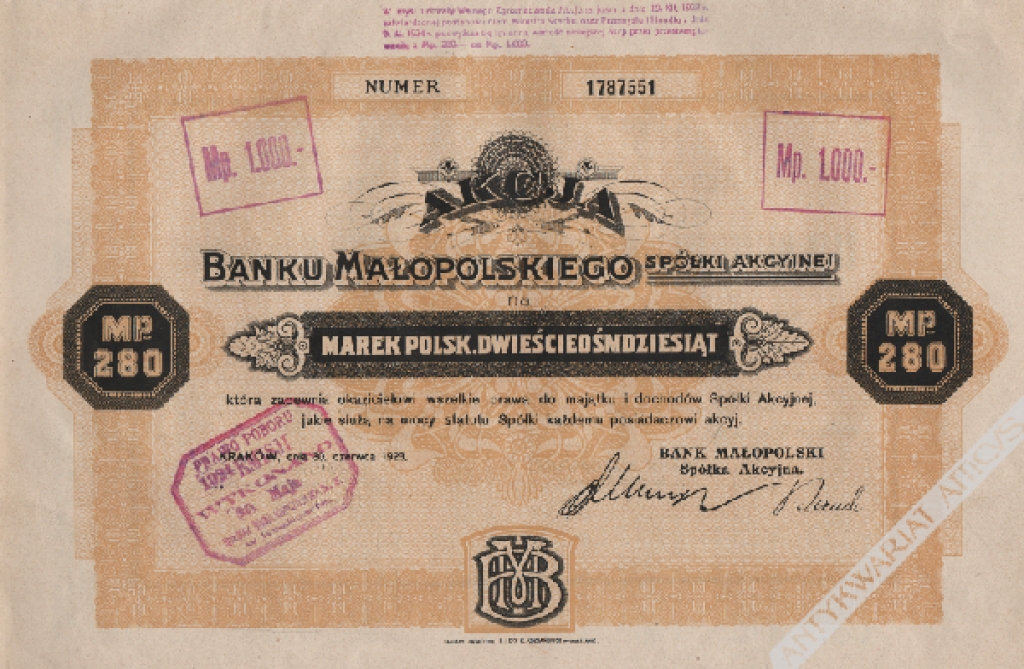 [akcja, 1921-1923] Akcja Banku Małopolskiego spółki akcyjnej na marek polsk. dwieście ośmdziesiąt [280] [pisownia oryginalna]