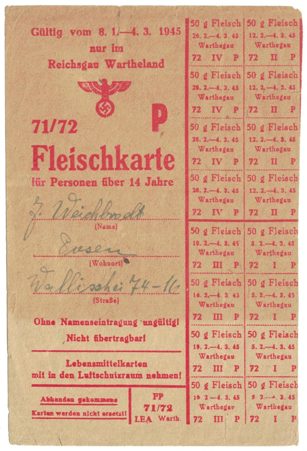 [karta żywnościowa, III 1945] Fleischkarte fur Personen uber 14 Jahre [karta żywnościowa na mięso dla osób poniżej 14 lat]