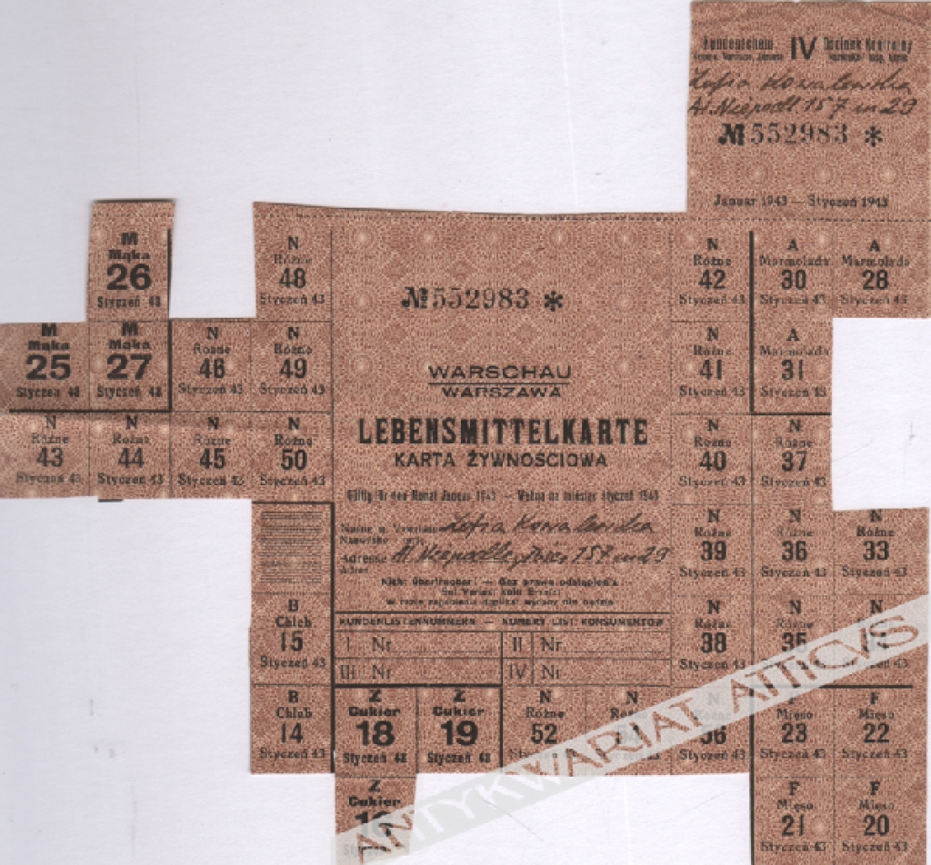 [karta żywnościowa, I.1943] Lebensmittelkarte. Karta żywnościowa