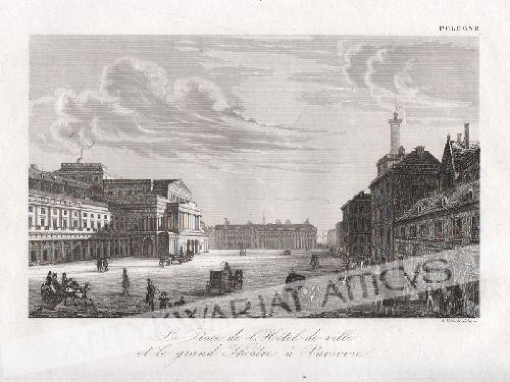 [rycina, Warszawa, ok. 1839] La Place de l'Hotel de ville et le grand Theatre a Varsovie [Ratusz i Teatr Wielki]