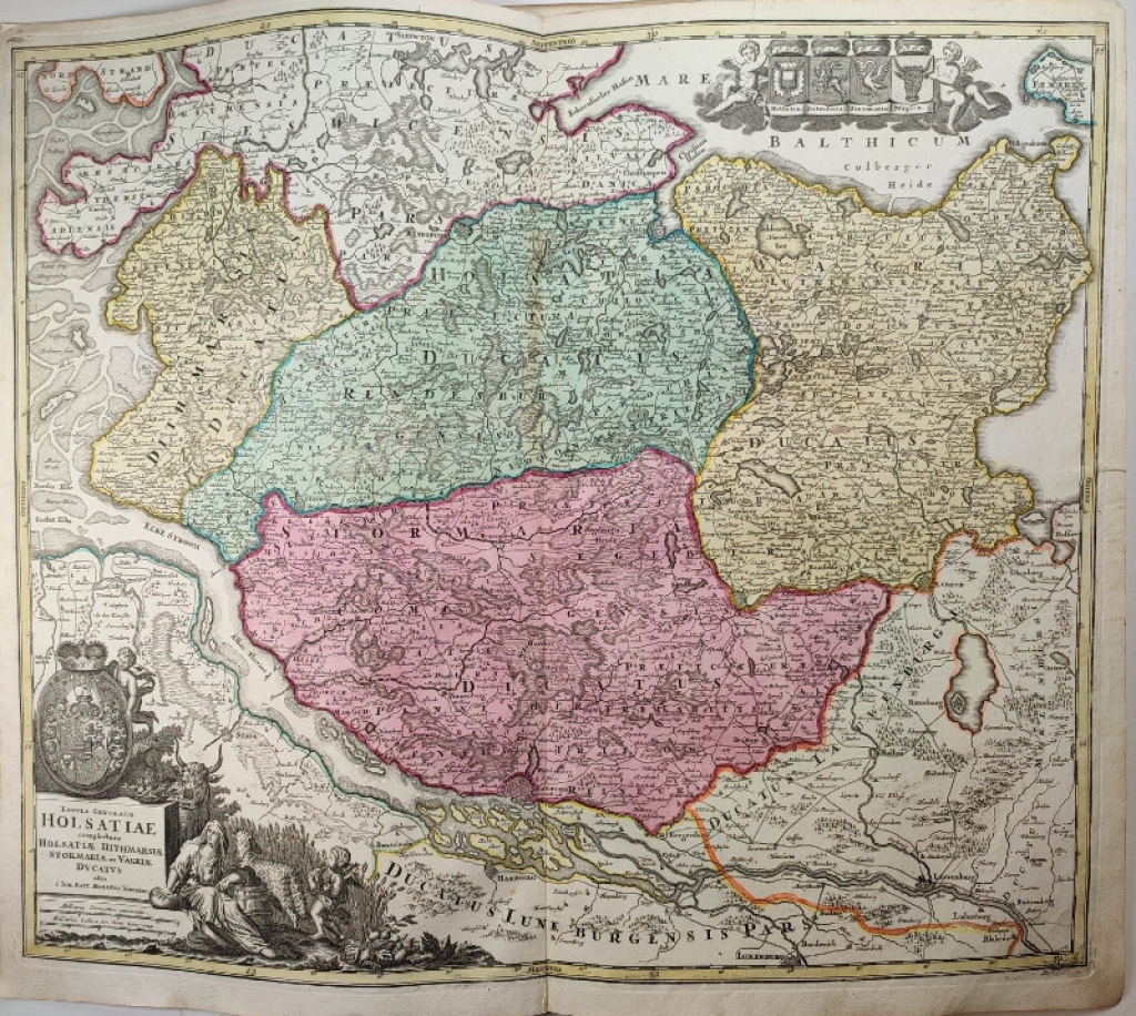 [mapa Holzacji (Holsztyn), Stormarn - powiatu Szlezwik-Holsztyn, Wagrii, ok. 1720-30] Tabula generalis Holsatiae complectens Holastiae Dithmarsiae Stormariae et Vagriae Ducatus edita á Io. Baptista Homanno Norimbergae.