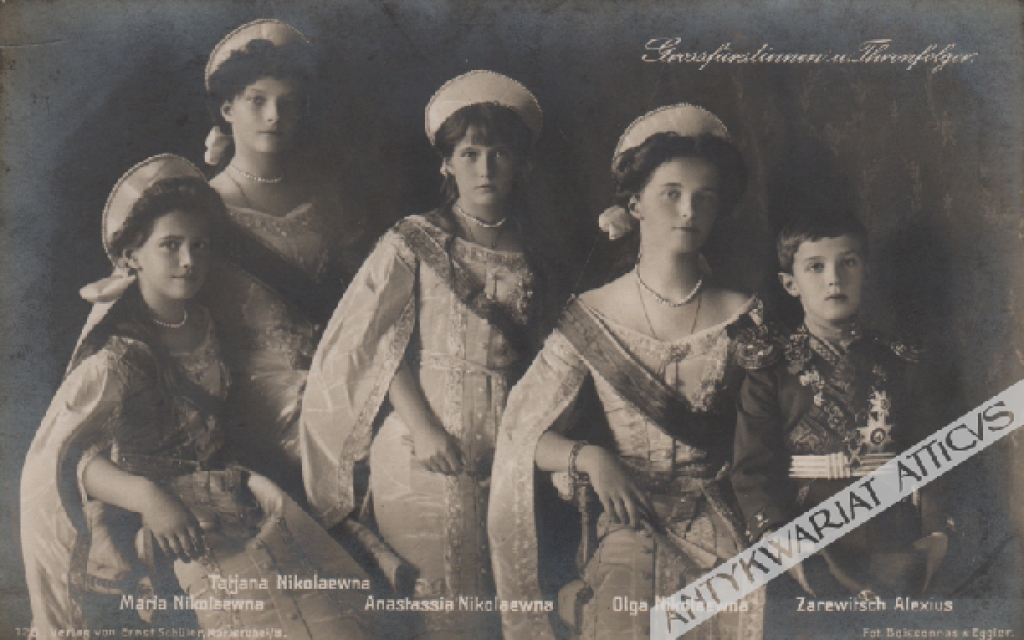 [pocztówka, 1912] Grossfürstinnen u. Thronfolger. Maria Nikolaewna, Tatjana Nikolaewna, Anastassia Nikolaewna, Olga Nikolaewna, Zarewisch Alexius.