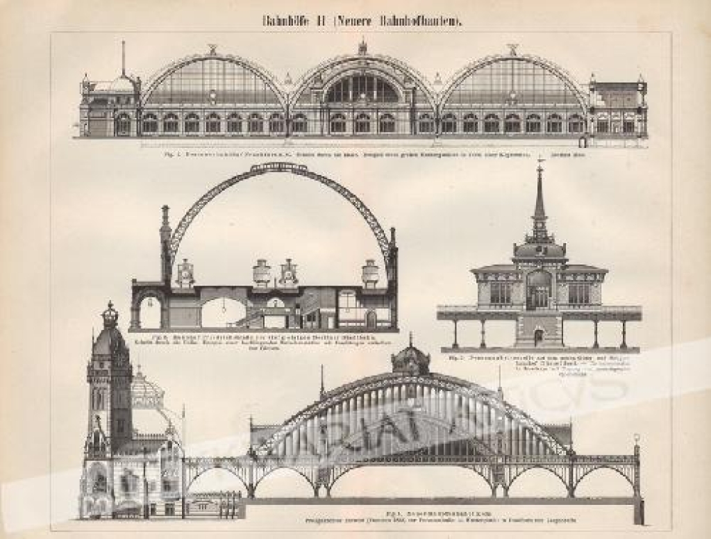 [rycina, 1893] Bahnhöfe I.-III. (Neure Bahnhofbauten) [Hale dworcowe]