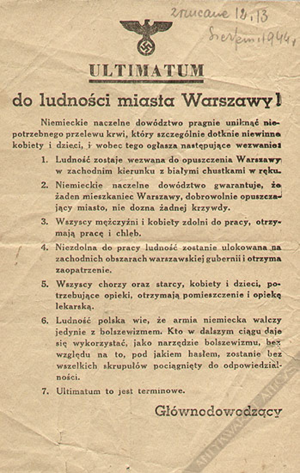 [ulotka z okresu Powstania Warszawskiego] Ultimatum do ludności miasta Warszawy! 