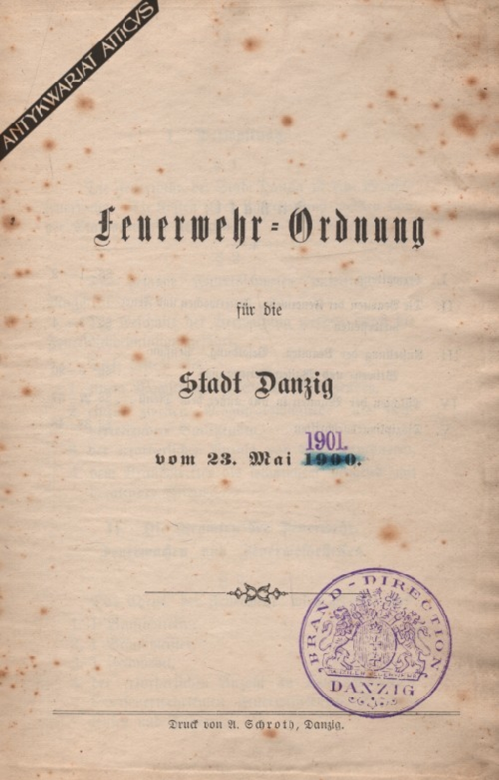 Feuerwehr-Ordnung fur die Stadt Danzing vom 23 Mai 1901