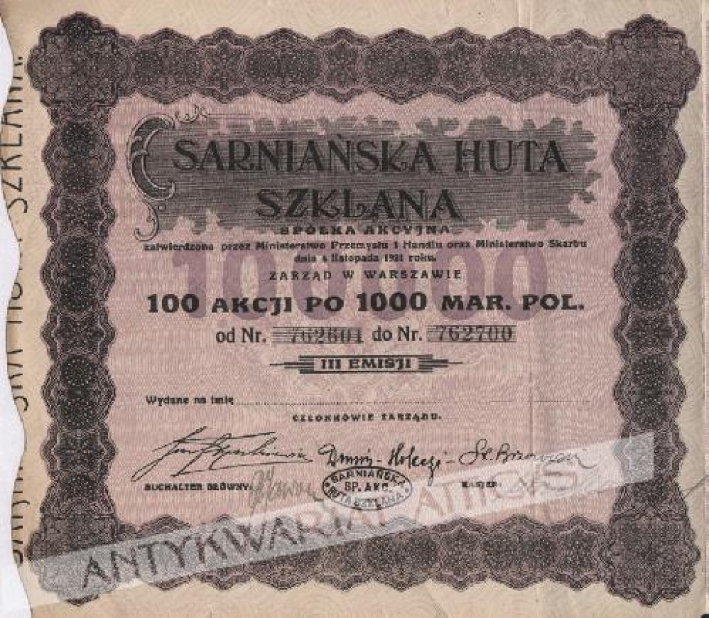 [akcja, 1921 r.] Sarniańska Huta Szklana. 100 akcji po 1000 mar. pol.