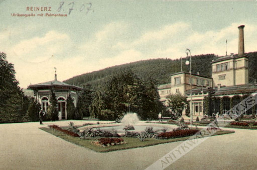 [pocztówka] Reinerz. Ulrikenquelle mit Palmenhaus
[Duszniki Zdrój. Źródło Ulryki i Palmiarnia]