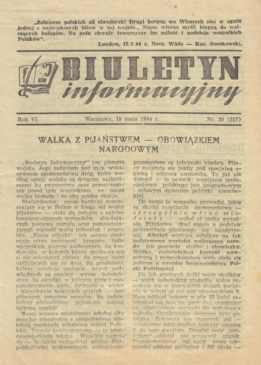 [prasa podziemna, 1944 r.] Biuletyn Informacyjny 18 maja 1944 r.