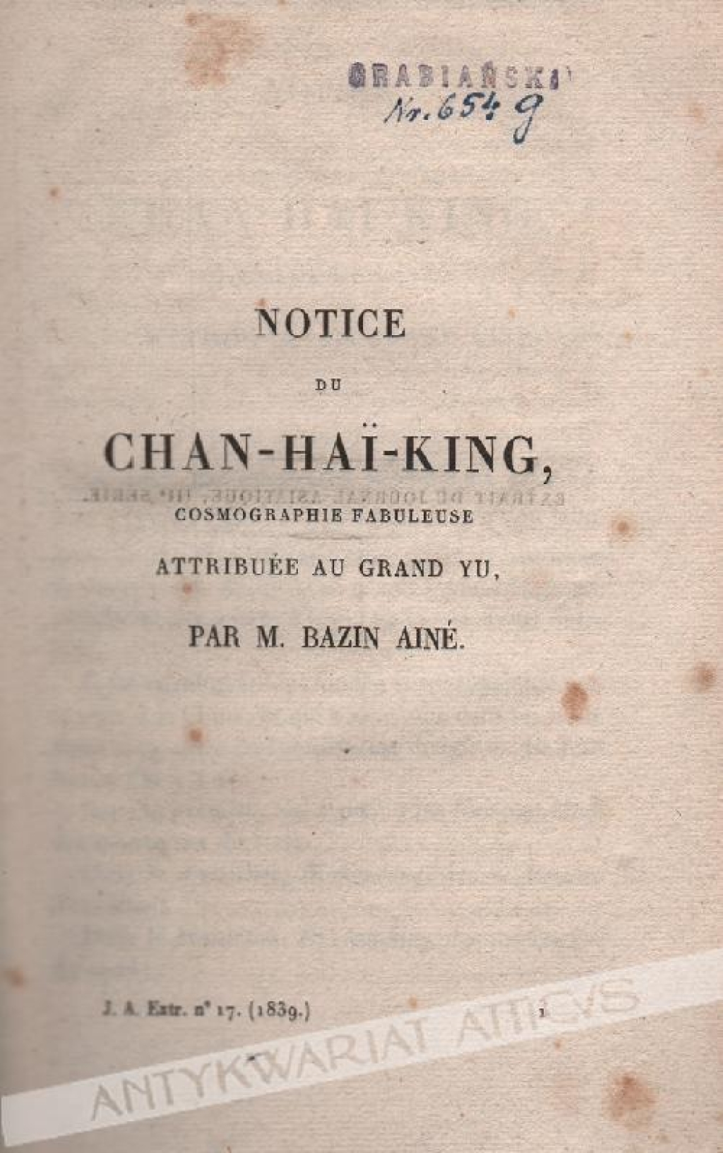 Notice du Chan-Hai-King, Cosmographie Fabuleuse  Attribuee Au Grand Yu