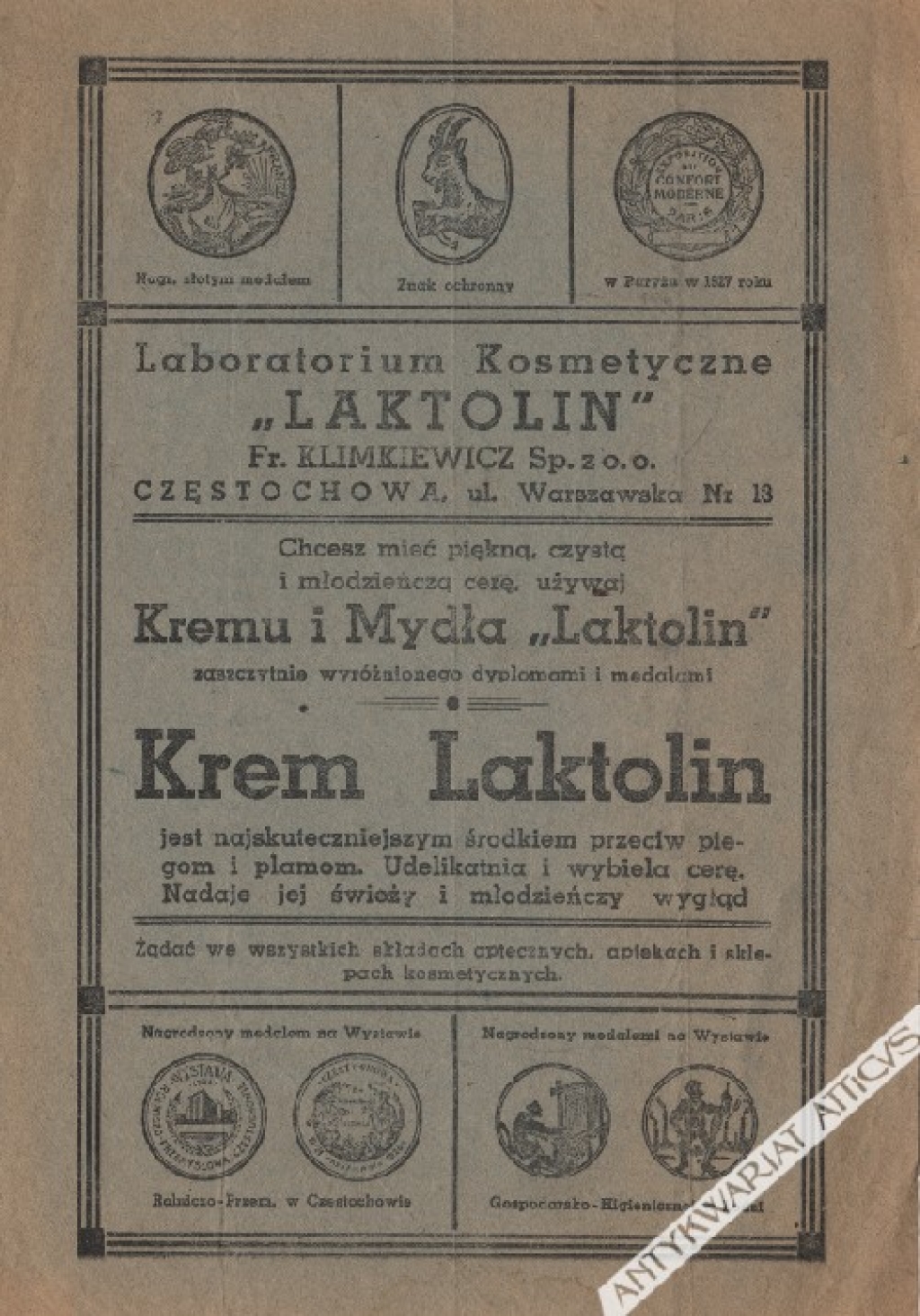 [reklama, 1928 r.] Laboratorium Kosmetyczne "Laktolin", Częstochowa