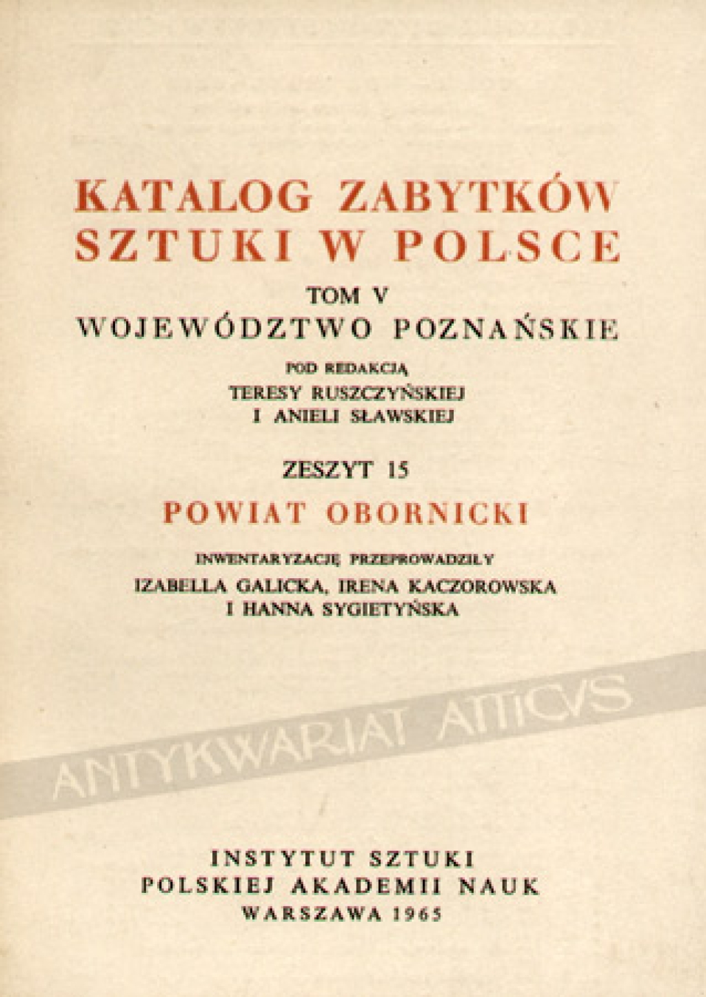Katalog zabytków sztuki w Polsce, t. V. Województwo Poznańskie. Zeszyt 15, powiat obornicki
