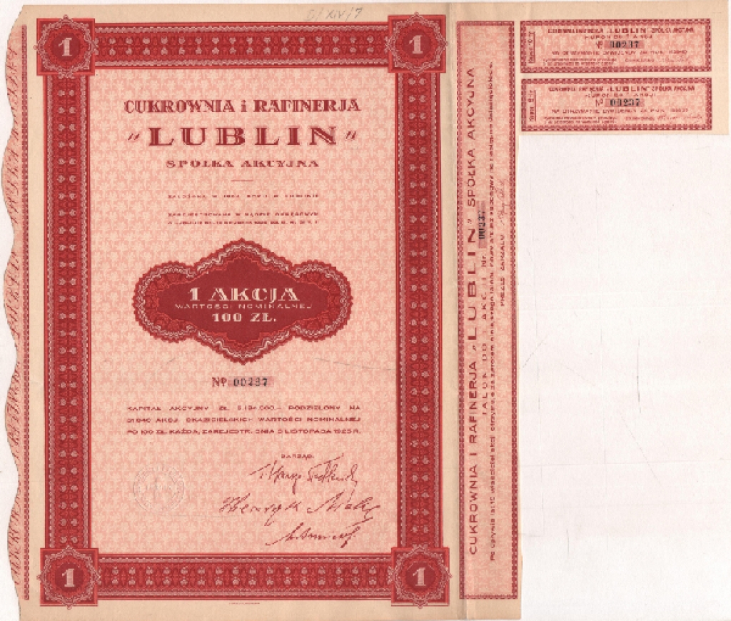 [akcja, 1929] Cukrownia i rafineria "Lublin" Spółka Akcyjna1 Akcja wartości nominalnej 100 zł.