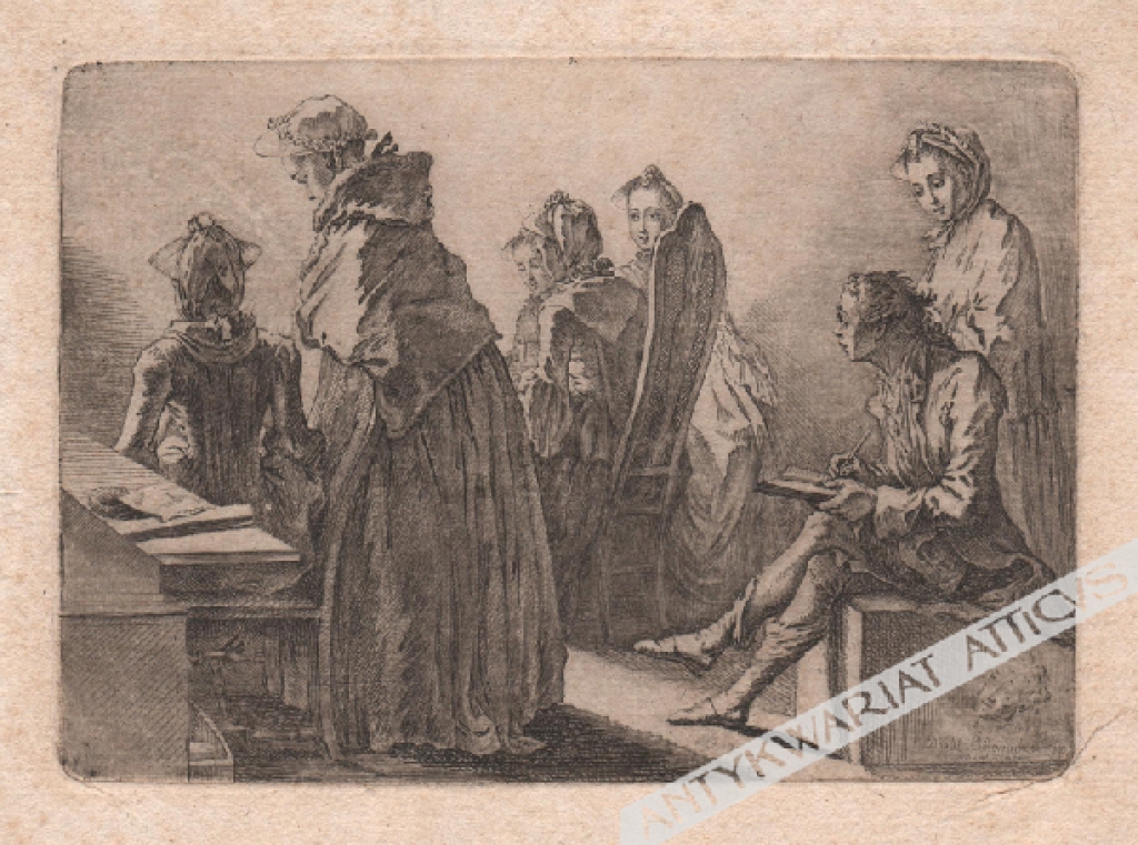 [rycina, 1758] Towarzystwo sześciu pań z artystą w jego pokoju