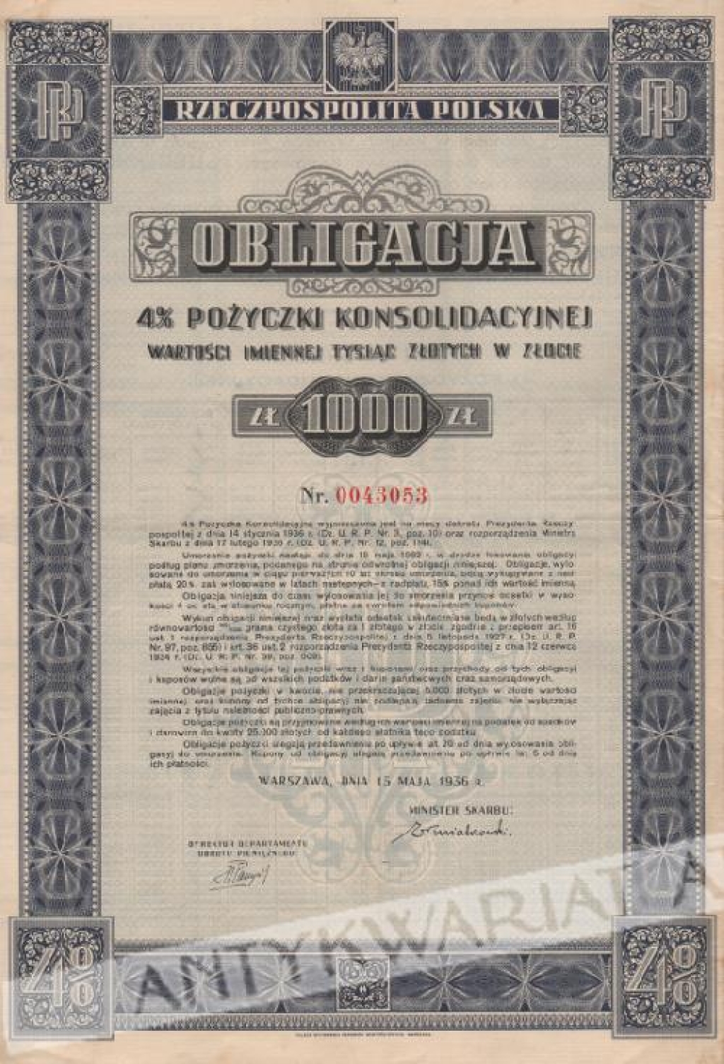 [obligacja] Obligacja 4% pożyczki konsolidacyjnej wartości imiennej tysiąc złotych w złocie (1000 zł.)