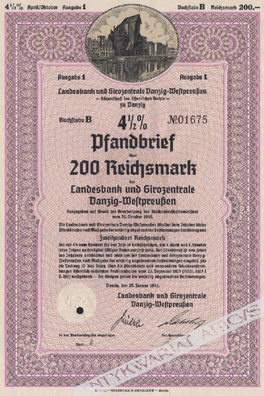 [list zastawny] 4 1/2% Pfandbrief uber 200 Reichsmark der Landesbank und Girozentrale Danzig-Westpreussen