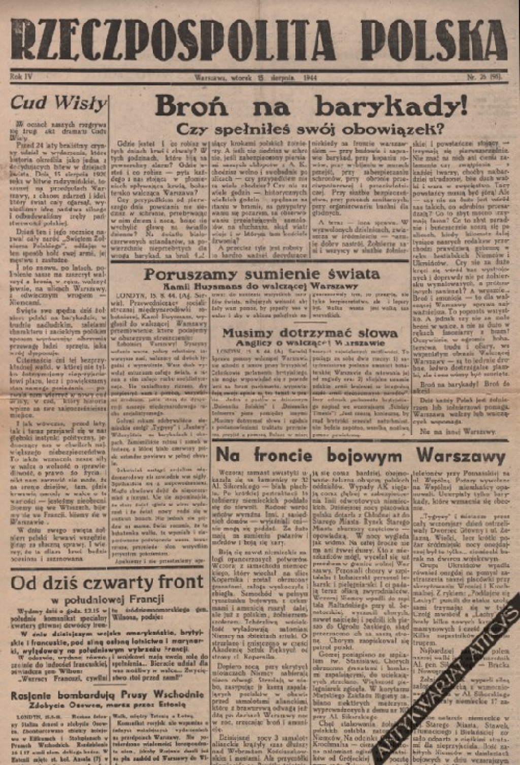 [prasa konspiracyjna z okresu Powstania Warszawskiego] Rzeczpospolita Polska, Warszawa, poniedziałek 15 sierpnia 1944